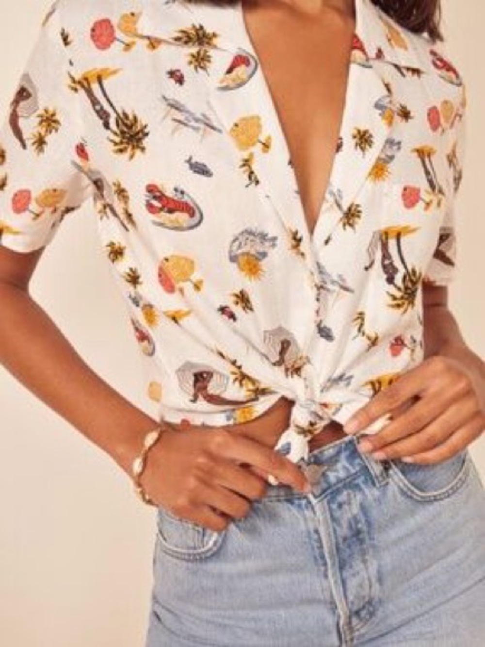 Reformation Linen Holiday Button Down Vacation Print Shirt Small